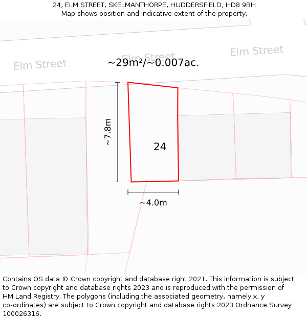 24, ELM STREET, SKELMANTHORPE, HUDDERSFIELD, HD8 9BH: Plot and title map
