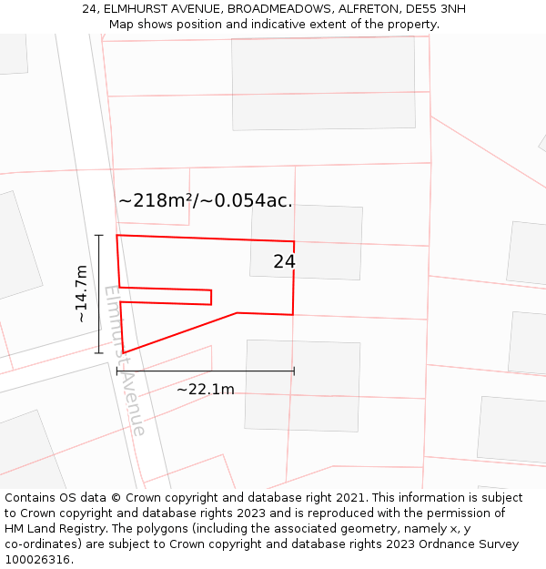 24, ELMHURST AVENUE, BROADMEADOWS, ALFRETON, DE55 3NH: Plot and title map
