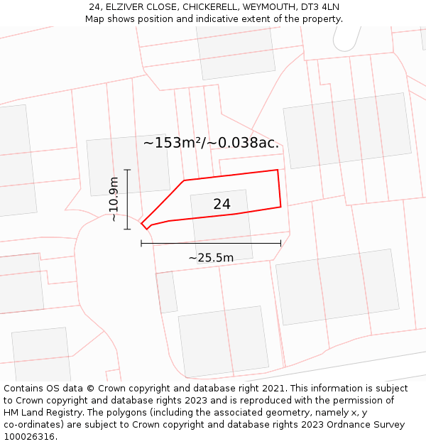 24, ELZIVER CLOSE, CHICKERELL, WEYMOUTH, DT3 4LN: Plot and title map