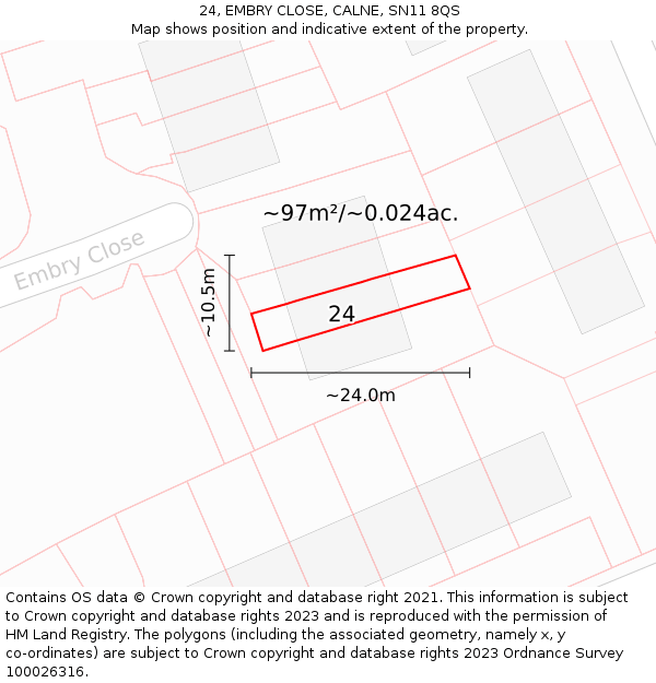 24, EMBRY CLOSE, CALNE, SN11 8QS: Plot and title map