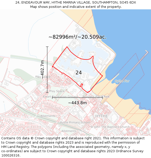 24, ENDEAVOUR WAY, HYTHE MARINA VILLAGE, SOUTHAMPTON, SO45 6DX: Plot and title map