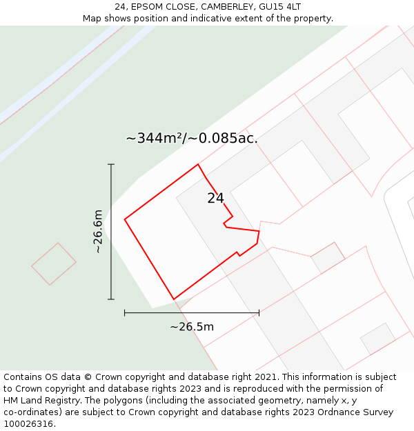 24, EPSOM CLOSE, CAMBERLEY, GU15 4LT: Plot and title map