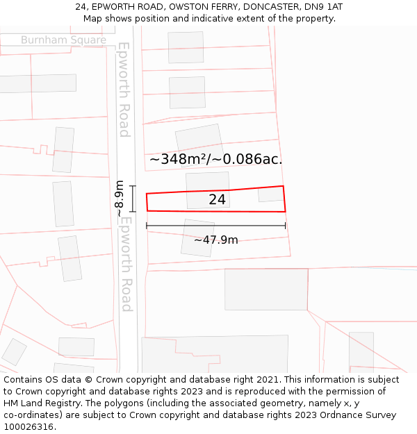 24, EPWORTH ROAD, OWSTON FERRY, DONCASTER, DN9 1AT: Plot and title map
