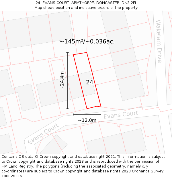 24, EVANS COURT, ARMTHORPE, DONCASTER, DN3 2FL: Plot and title map
