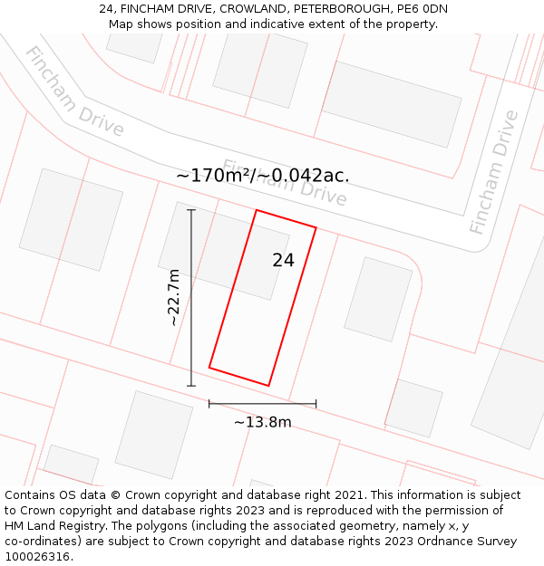 24, FINCHAM DRIVE, CROWLAND, PETERBOROUGH, PE6 0DN: Plot and title map