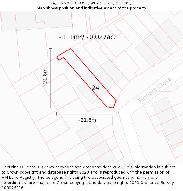 24, FINNART CLOSE, WEYBRIDGE, KT13 8QE: Plot and title map