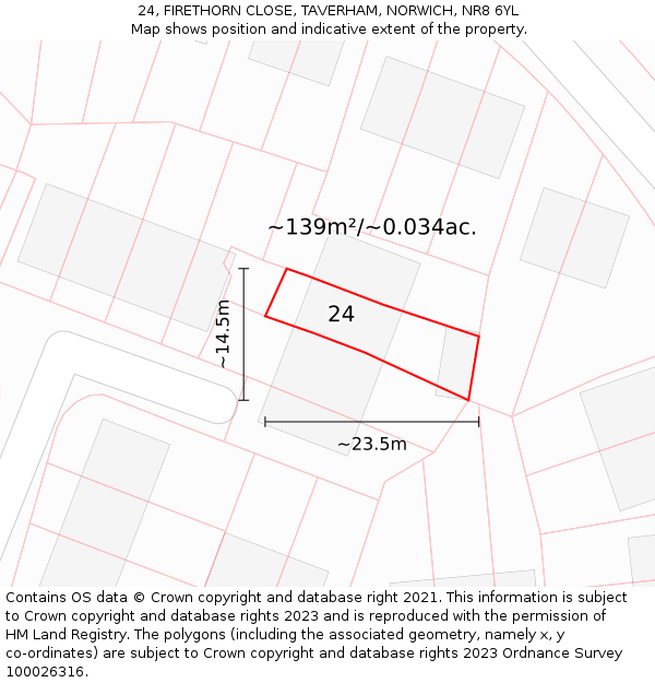24, FIRETHORN CLOSE, TAVERHAM, NORWICH, NR8 6YL: Plot and title map