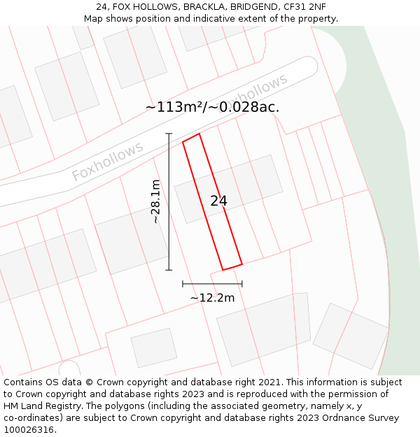 24, FOX HOLLOWS, BRACKLA, BRIDGEND, CF31 2NF: Plot and title map