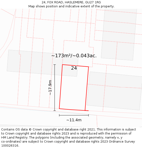 24, FOX ROAD, HASLEMERE, GU27 1RG: Plot and title map