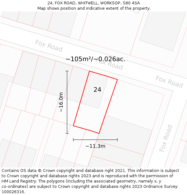 24, FOX ROAD, WHITWELL, WORKSOP, S80 4SA: Plot and title map
