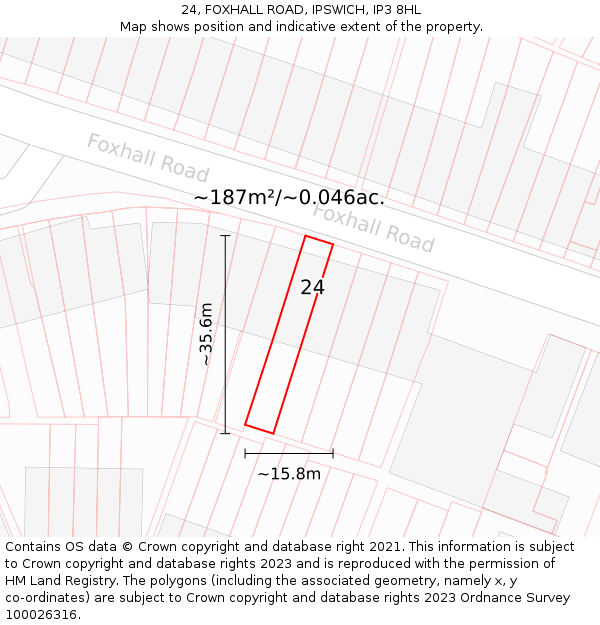 24, FOXHALL ROAD, IPSWICH, IP3 8HL: Plot and title map