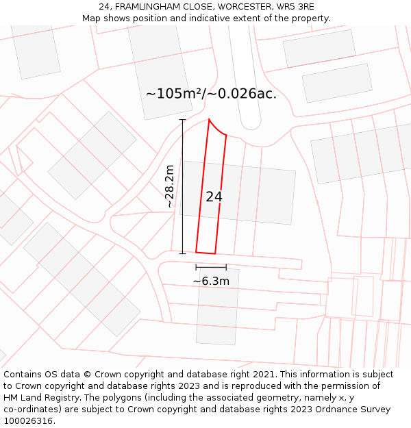 24, FRAMLINGHAM CLOSE, WORCESTER, WR5 3RE: Plot and title map