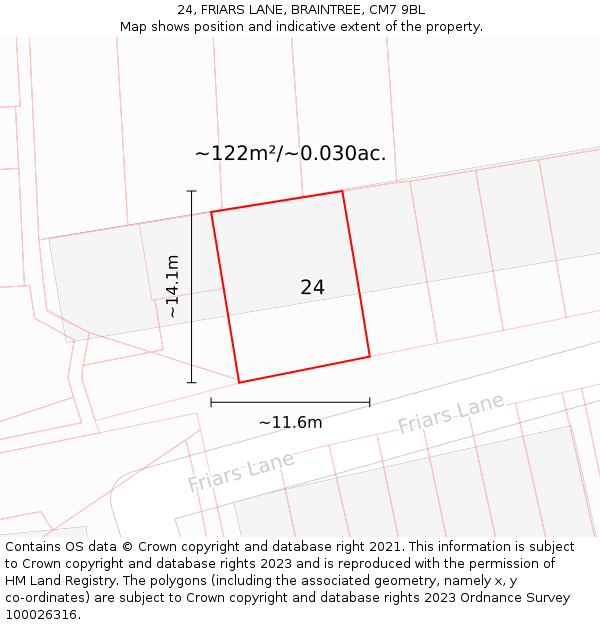 24, FRIARS LANE, BRAINTREE, CM7 9BL: Plot and title map
