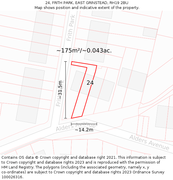 24, FRITH PARK, EAST GRINSTEAD, RH19 2BU: Plot and title map