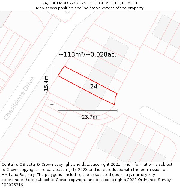 24, FRITHAM GARDENS, BOURNEMOUTH, BH8 0EL: Plot and title map