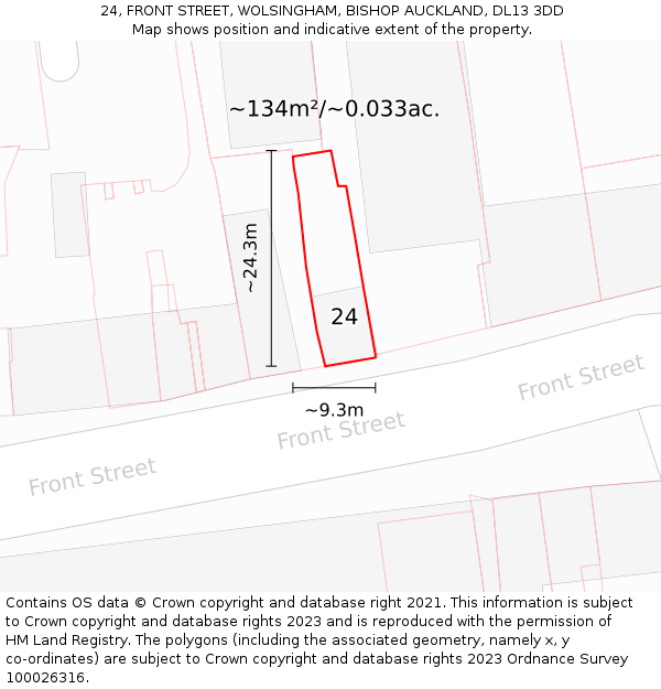 24, FRONT STREET, WOLSINGHAM, BISHOP AUCKLAND, DL13 3DD: Plot and title map