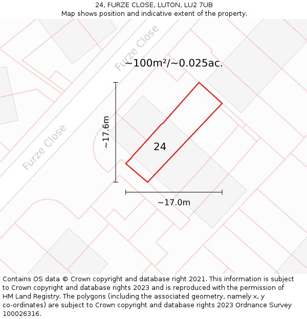 24, FURZE CLOSE, LUTON, LU2 7UB: Plot and title map