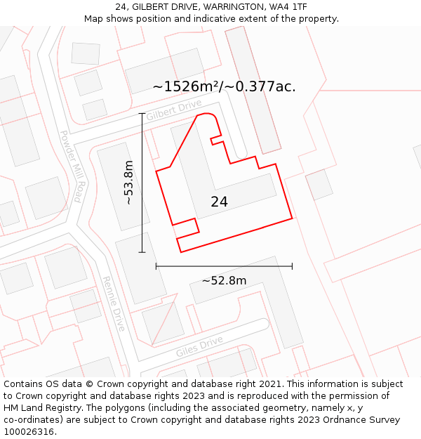 24, GILBERT DRIVE, WARRINGTON, WA4 1TF: Plot and title map