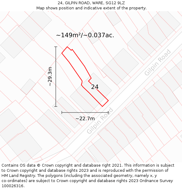 24, GILPIN ROAD, WARE, SG12 9LZ: Plot and title map