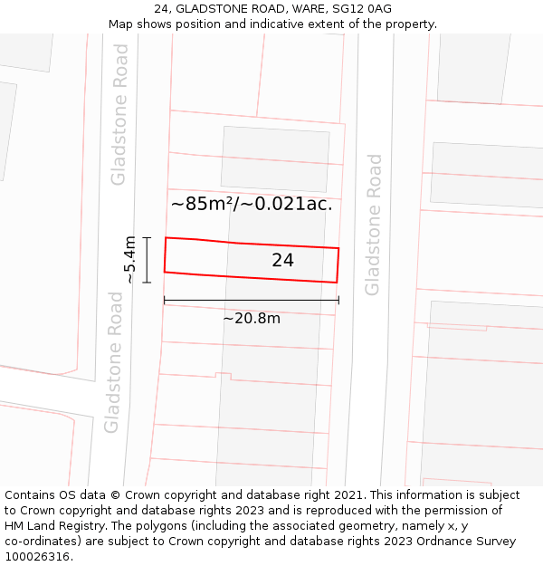 24, GLADSTONE ROAD, WARE, SG12 0AG: Plot and title map