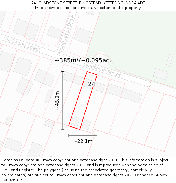 24, GLADSTONE STREET, RINGSTEAD, KETTERING, NN14 4DE: Plot and title map