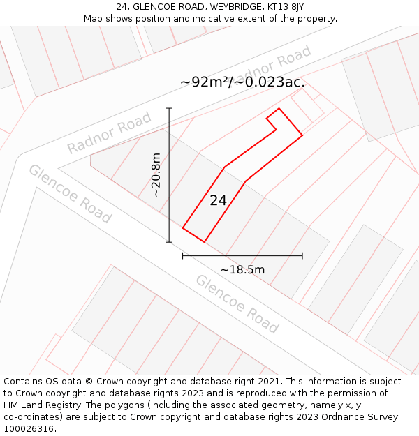 24, GLENCOE ROAD, WEYBRIDGE, KT13 8JY: Plot and title map