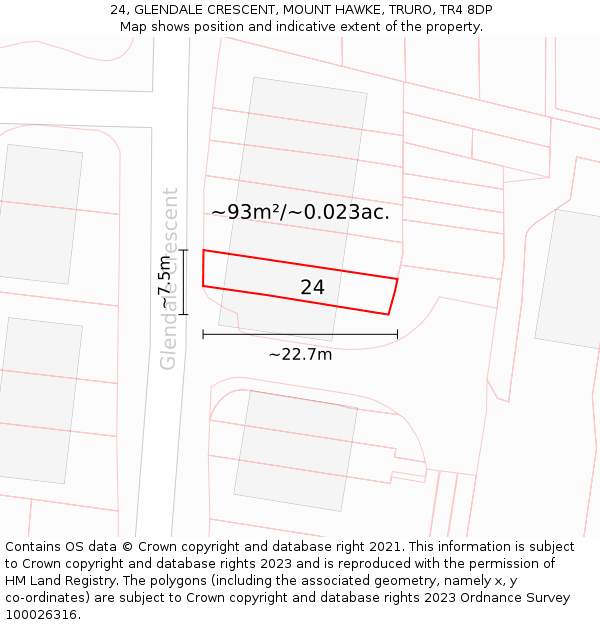 24, GLENDALE CRESCENT, MOUNT HAWKE, TRURO, TR4 8DP: Plot and title map
