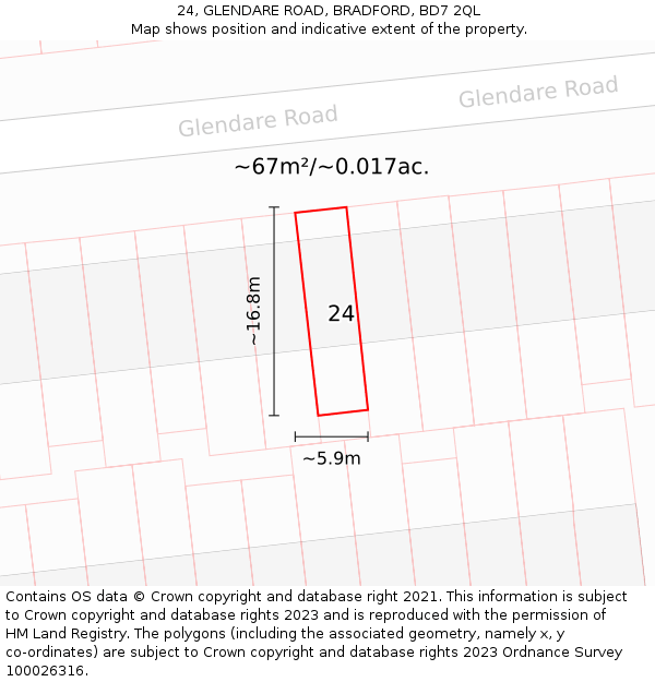 24, GLENDARE ROAD, BRADFORD, BD7 2QL: Plot and title map