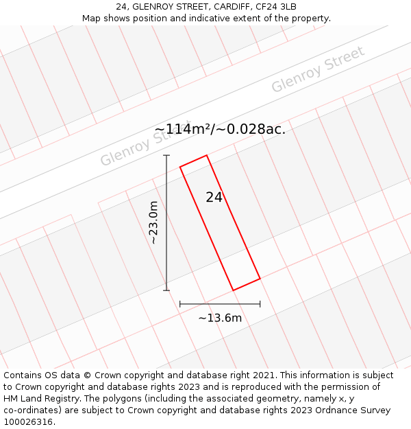 24, GLENROY STREET, CARDIFF, CF24 3LB: Plot and title map