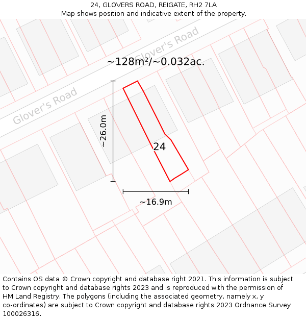 24, GLOVERS ROAD, REIGATE, RH2 7LA: Plot and title map