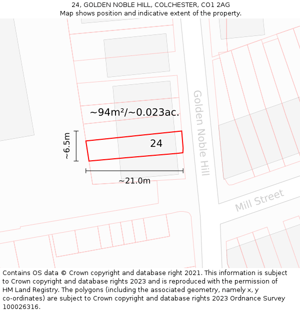 24, GOLDEN NOBLE HILL, COLCHESTER, CO1 2AG: Plot and title map