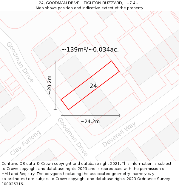24, GOODMAN DRIVE, LEIGHTON BUZZARD, LU7 4UL: Plot and title map