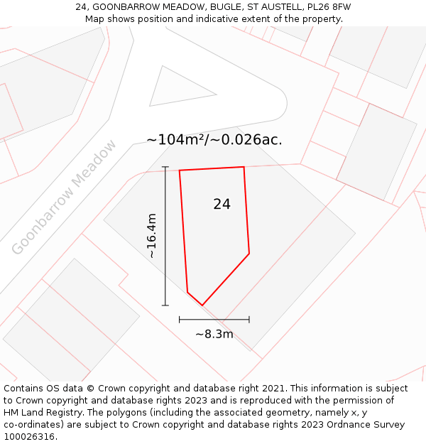 24, GOONBARROW MEADOW, BUGLE, ST AUSTELL, PL26 8FW: Plot and title map