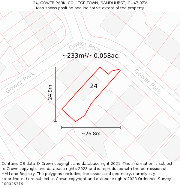 24, GOWER PARK, COLLEGE TOWN, SANDHURST, GU47 0ZA: Plot and title map