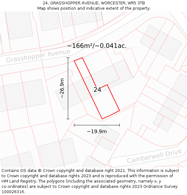 24, GRASSHOPPER AVENUE, WORCESTER, WR5 3TB: Plot and title map