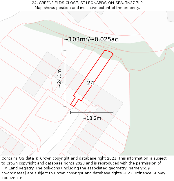 24, GREENFIELDS CLOSE, ST LEONARDS-ON-SEA, TN37 7LP: Plot and title map