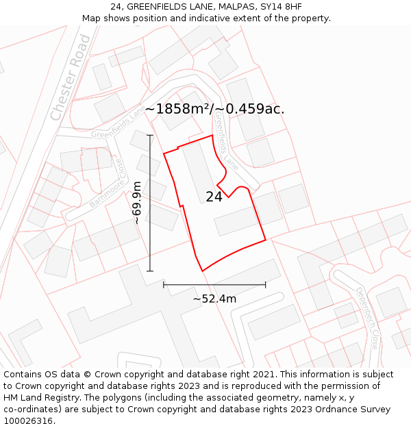 24, GREENFIELDS LANE, MALPAS, SY14 8HF: Plot and title map
