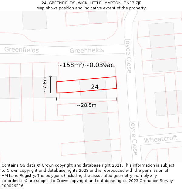 24, GREENFIELDS, WICK, LITTLEHAMPTON, BN17 7JF: Plot and title map