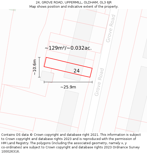 24, GROVE ROAD, UPPERMILL, OLDHAM, OL3 6JR: Plot and title map