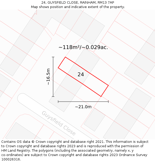 24, GUYSFIELD CLOSE, RAINHAM, RM13 7AP: Plot and title map