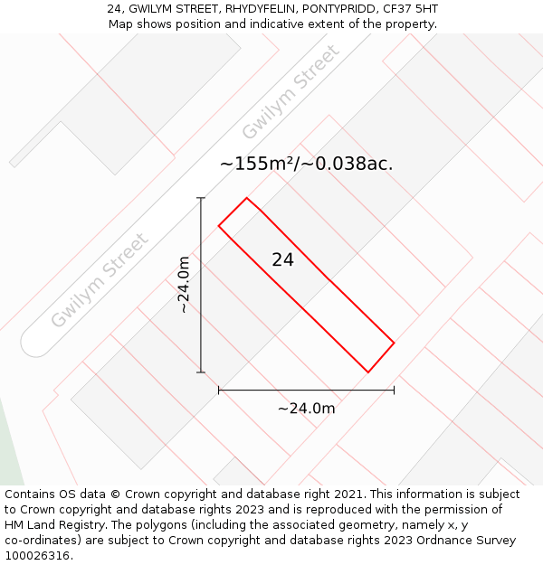 24, GWILYM STREET, RHYDYFELIN, PONTYPRIDD, CF37 5HT: Plot and title map