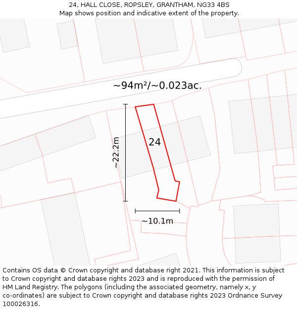 24, HALL CLOSE, ROPSLEY, GRANTHAM, NG33 4BS: Plot and title map