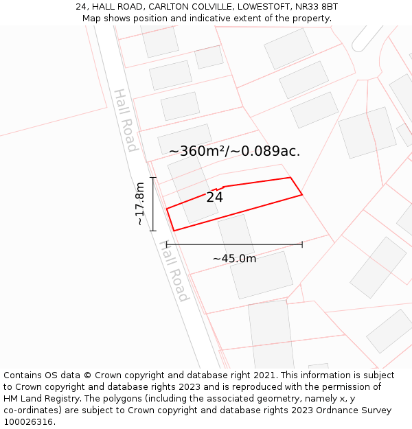 24, HALL ROAD, CARLTON COLVILLE, LOWESTOFT, NR33 8BT: Plot and title map