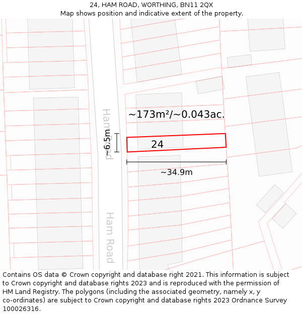 24, HAM ROAD, WORTHING, BN11 2QX: Plot and title map
