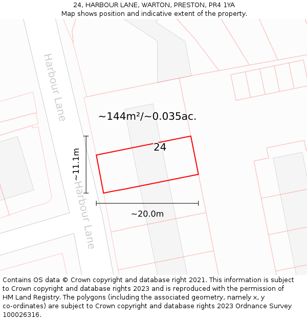 24, HARBOUR LANE, WARTON, PRESTON, PR4 1YA: Plot and title map