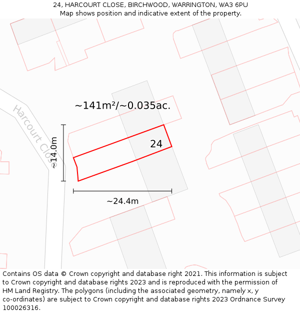 24, HARCOURT CLOSE, BIRCHWOOD, WARRINGTON, WA3 6PU: Plot and title map