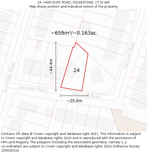 24, HARCOURT ROAD, FOLKESTONE, CT19 4AF: Plot and title map