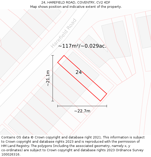 24, HAREFIELD ROAD, COVENTRY, CV2 4DF: Plot and title map