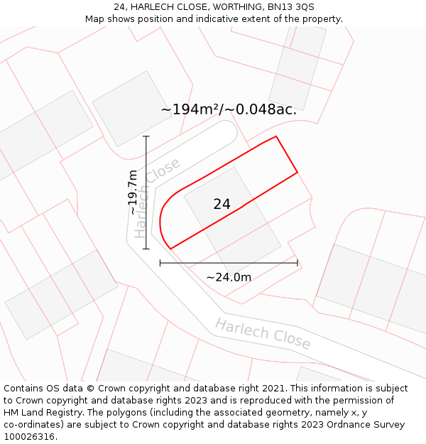 24, HARLECH CLOSE, WORTHING, BN13 3QS: Plot and title map