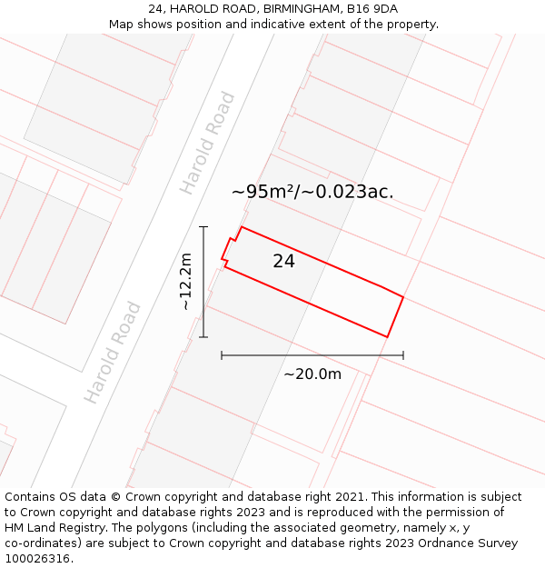 24, HAROLD ROAD, BIRMINGHAM, B16 9DA: Plot and title map